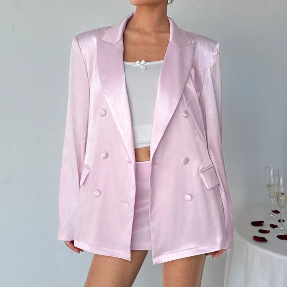 Baby Pink Elegant Women's Lapel Collar Long Sleeve Blazer Mini Skirt Suit Set - Picture 3 of 7